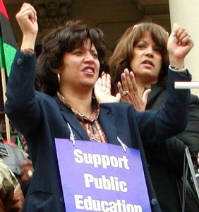 Former DFT Pres. Janna Garrison and former Councilwoman Sharon McPhail at 2001 rally against charter schools in Lansing.