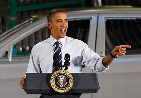 U.S. Pres. Barack Obama at Detroit area Chrysler plant after company declared bankruptcy in 2010. The feds bailed out GM and Chrysler with billions of taxpayer dollars.