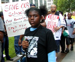 Detroit children have been protesting tidal wave of school closings, beginning with 50 in 2004, long before other cities were hit. This photo shows protest July 1, 2004.