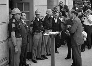 Former Ala. Governor George Wallace confronts US AG at doors of Univ. of Alabama to stop integration. Now Orr is turning federal government protection for civil rights on its head, trying to use the feds against the majority Black city of Detroit.
