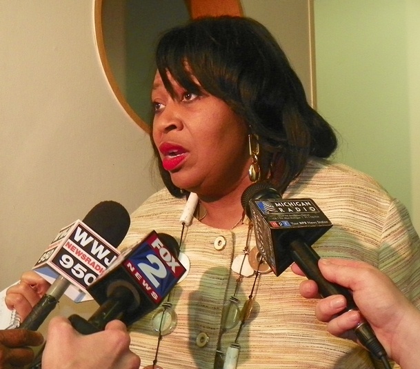 Councilwoman Brenda Jones talks to reporters after Oct. 1 meeting.