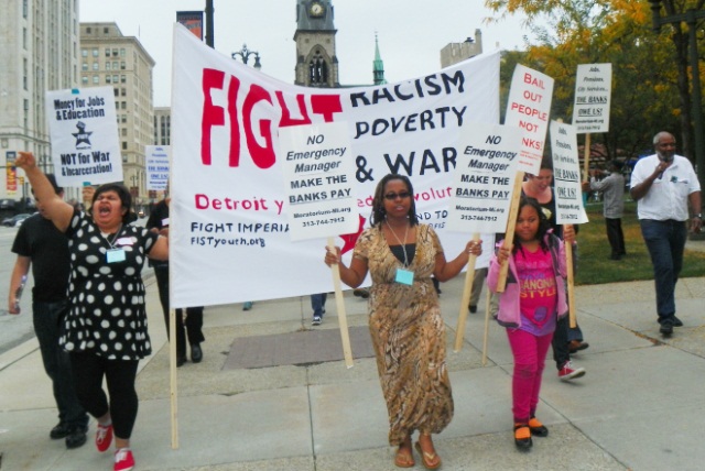 Some of the hundreds who marched in downtown Detroit with the International People's Assembly Oct. 5 and 6. Instead of bankruptcy proceedings, they demand cancellation of Detroit's debt.