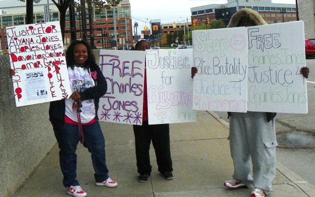 Members of the Jones family including Aiyana's aunt Krystal Jones at left, during Oct. 21, 2013 protest.