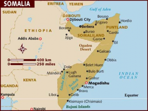 Map of Somalia on the African continent.