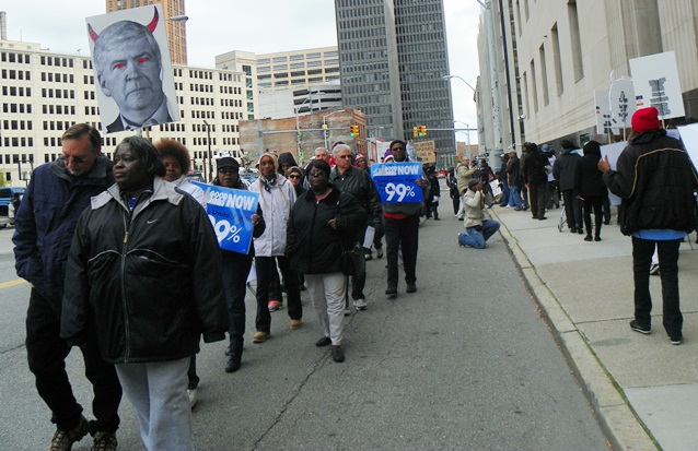 Detroit city retirees and supporters protest outside court as Gov. Rick Snyder testifies Oct. 28, 2013.