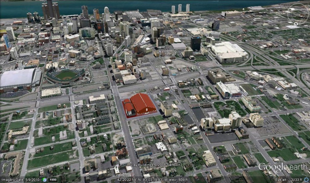 Rendering of new Red Wings arena north of I-75 in downtown Detroit, set in the midst of the poor Cass Corridor neighborhood. Rendering does not show co-czar Mike Illitch's plans to raze the surrounding area and replace it with upscale housing and retail complexes.