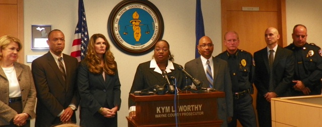 Wayne County Prosecutor Kym Worthy, flanked by assistant prosecutors and other officials, announces charges against Renisha McBride's killer Nov. 15, 2013.