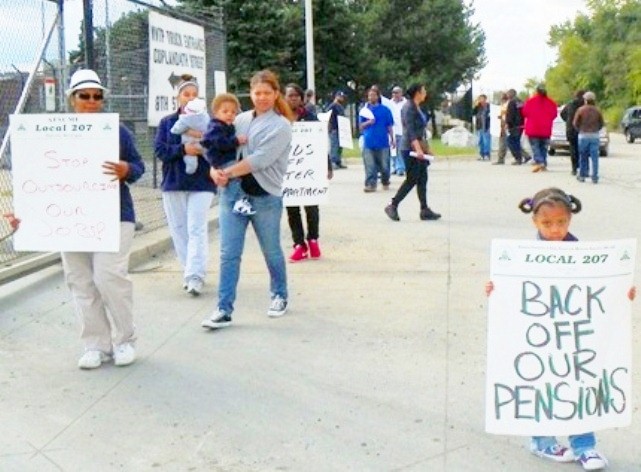 Detroit city workers on strike at the Wastewater Treatment Plant Sept. 30, 2012: BACK OFF OUR PENSIONS!