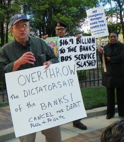 Protest demanding that the banks and corporations pay for city services, cancellation of debt May 9, 2012 in downtown Detroit.
