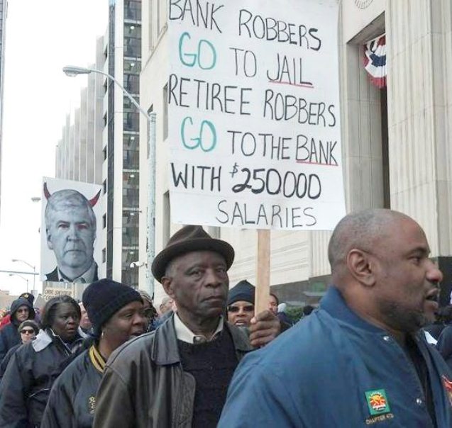 Protest during bankruptcy hearing in Detroit as Mich. Gov. Rick Snyder testifies/ Photo: Cheryl Labash/WW