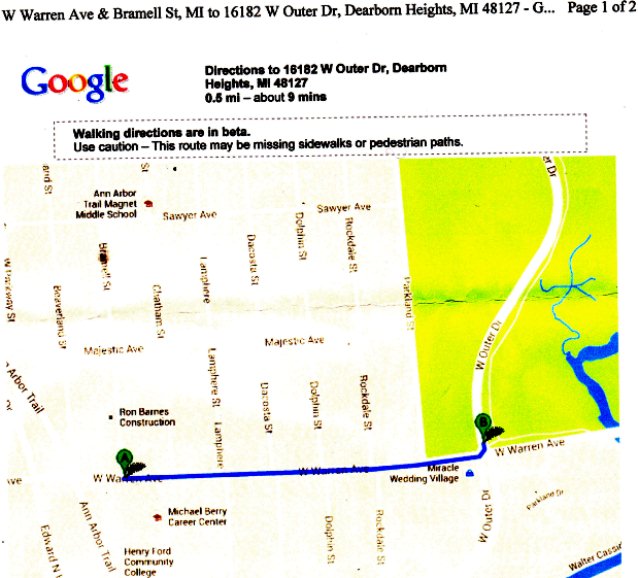 Map of short distance (half-mile) between accident scene and Wafer's home.