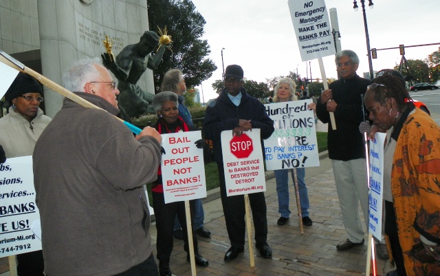 Atty. Jerome Goldberg addresses rally against swaps deal prior to City Council hearing Oct. 21, 2013. The City Council also rejected the Barclay's loan. Judge Rhodes cited Goldberg's argument along with that of AMBAC attorney Caroline English as partially instrumental in his decision.