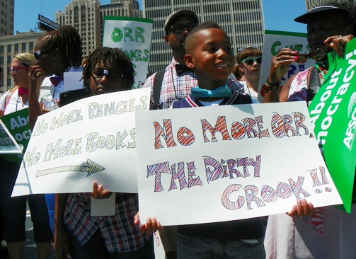 Children at union protest in downtown Detroit July 12, 2013 give THEIR opinion of EM Kevyn Orr.