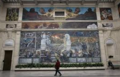 One of a series of famed murals by Diego Rivera in the DIA. Rivera was a Communist who believed that working and poor people should take power from the rich.,