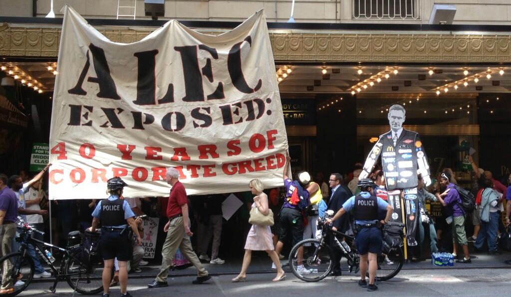 Mass protest outside ALEC's 2013 convention in Chicago.