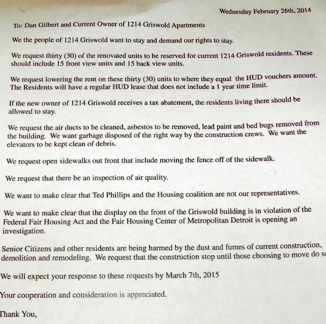 Demands to Gilbert et al being circulated by Griswold tenants. The deadline date at the bottom, which says March 7, 2015, is meant to read "2014," and will be corrected in final version.