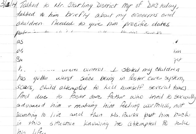 Record of contact with Mr. Starling of DHS regarding child's suicide attempts.
