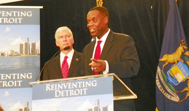 Michigan Gov. Rick Snyder and his appointed Detroit EM Kevyn Orr announce disastrous filing of bankruptcy for Detroit July 28, 2013.