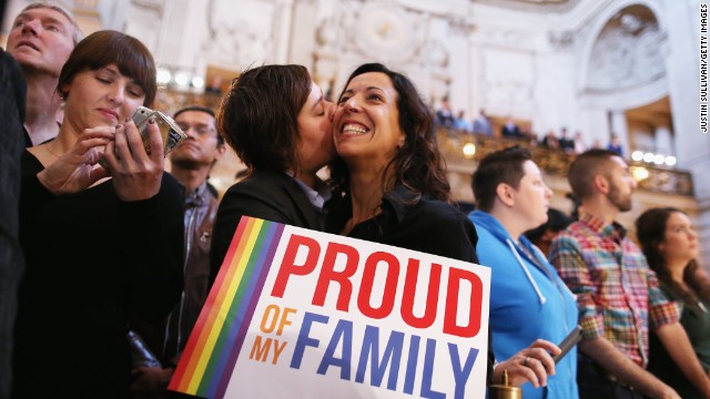 SAN FRANCISCO, CA - JUNE 26:  A couple celebrates upon hearing the U.S. Supreme Court's rulings on gay marriage in City Hall June 26, 2013 in San Francisco, United States. The high court struck down DOMA, and will rule on California's Prop 8 as well.  (Photo by Justin Sullivan/Getty Images)
