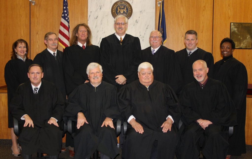 Berrien County Judges: Front row, l to r:  Hon. Gary J. Bruce, Hon. Thomas E. Nelson, Hon. John E. Dewane (civil judge on recall election), Hon. Scott Schofield;  Second row, l to r:  Hon. Angela M. Pasula, Hon. Dennis M. Wiley, Hon. John M. Donahue, Hon. Arthur J. Cotter, Hon. Sterling R. Schrock (Pinkney's criminal judge)Hon. Charles T. LaSata, Hon. Mabel J. Mayfield. Berrien County is renowned for its racist court system, which incarcerates more African-Americans proportionately than any other county in Michigan.