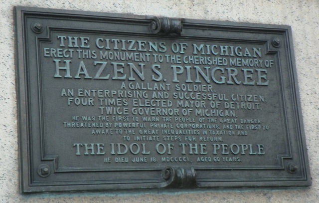 Plaque on statue of "people's mayor" Hazen Pingree.