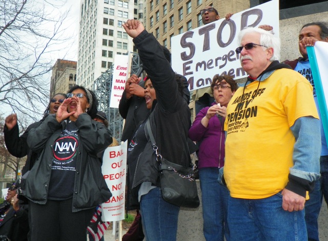 Protesters demand end to emergency management May 1, 2014 in Grand Circus Park.