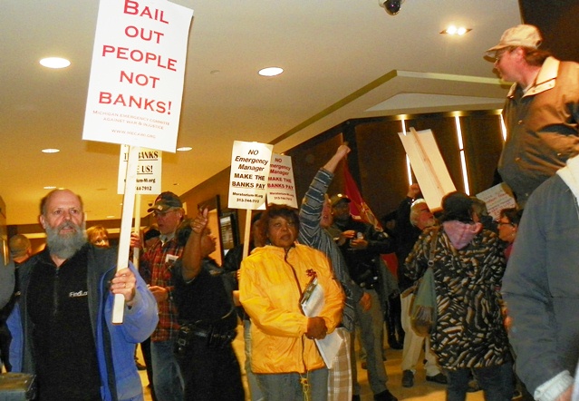 Marchers pack lobby of Westin Book Cadillac, where Orr resides.