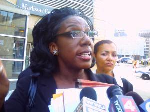 Attorney Allison Folmar speaks to media about police arrest of Maryanne Godboldo, after court hearing July 8, 2011.