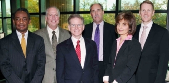 Bankruptcy Judge Steven Rhodes (in red tie) with participants in forum on Chapter 9 and EM's (l to r) Frederick Headen of State Treasury who has recommended takeover of numerous cities; Edward Plawecki, EM trainers Douglas Bernstein and Judy O'Neill, also a co-author of PA4, and Charles Moore of Conway McKenzie, a chief witness at bankruptcy trial.