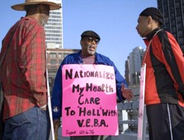 The late, world-renowned General Baker, a UAW retiree, protests the use of VEBA's in the auto industry.