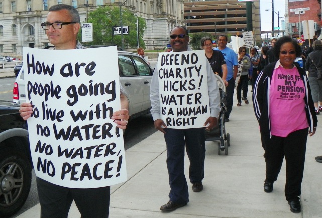 First of Freedom Fridays protests outside Detroit Water Board against massive water shut-offs in Detroit. Marchers call for defense for Charity Hicks, who spent two days in concentration camp conditions at the Mound Rd. prison for protesting shut-offs of her neighbors.