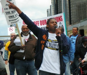 Demeeko Williams during May Day protest against bankruptcy.