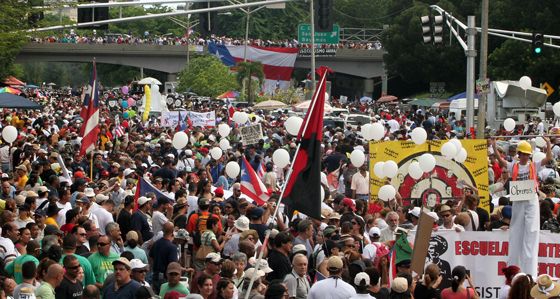 (October 15th, 2009) Thousands of protestors flooded the streets in the largest public gathering in Puerto Rican history.  The massive strike was in response to the republican governor Luis Fortuño's decision to lay off 16,720 public workers.  ~ San Juan, Puerto Rico ~ Photo © 2009 Ricardo Figueroa