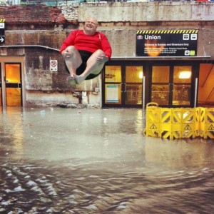 Toronto Mayor Rob Ford superimposed over photo of Union Station flooding in Toronto.