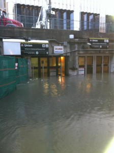 Flooding of Union Station in Toronto subway system in 2011. Raw sewage backed up into the subways and residential basements as EMA supervised sewage plants.