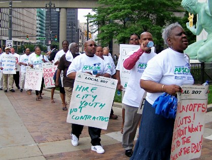Union members demand jobs for Detroit youth, not contractors, during May 27, 2010 protest.