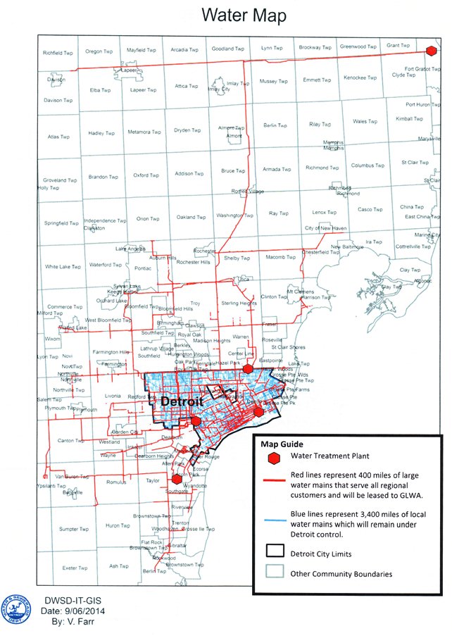 Red lines and boxes (water and sewer plants) depict proposed GLWA territory; blue lines within Detroit boundaries depict secondary mains to be under DWSD control.