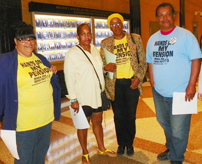 Detroit retirees (l to r) Belinda Myers Florence, Laverne Holloway, Cecily McClellan and Bill Smith discuss ramifications of GLWA plan after being barred from press conference.