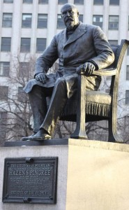 Statue of former Detroit Mayor Hazen Pingree in Grand Circus Park. Plaque below quotes Pingree: "Beware the power of the private corporations."