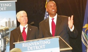 Michigan Gov. Rick Snyder and Detroit EM Kevyn Orr announce filing of Detroit bankruptcy July 17, 2014.