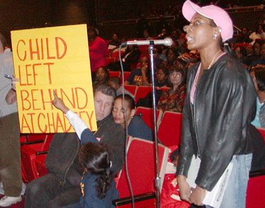 Student of Detroit historic multi-cultural Chadsey High School speaks at school board meeting against Chadsey closure March 10, 2005. Despite repeated walk-outs by Chadsey students, the school closed anyway.