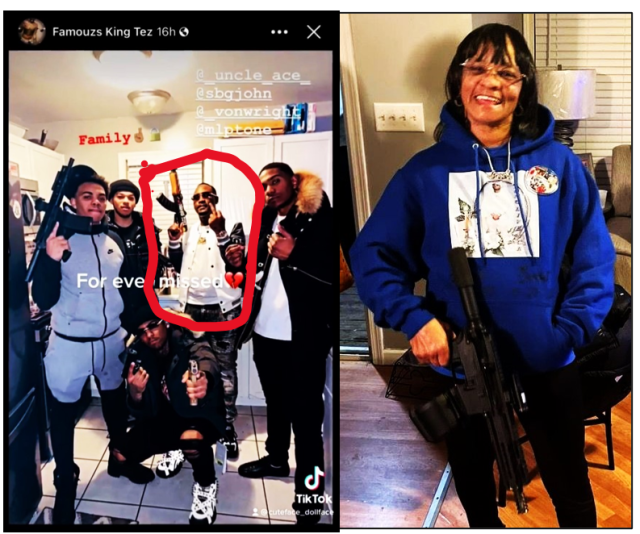 Ariel Harris (circled in red) with crew (l) on TikTok, Harris' mother on her Facebook page, all armed with astonishing array of weapons