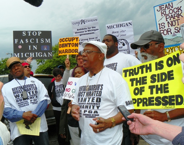 Rev. Edward Pinkney speaks out against Whirlpool's corporate takeover of Benton Harbor, Snyder's Emergency Manager law May 26, 2012.