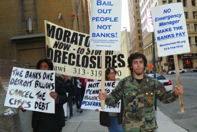 Protesters call for cancellation of Detroit's debt to banks May 9, 2012; Wayne County's debt should also be cancelled.