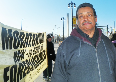 Bill Davis, Pres. of Detroit Active and Retired Employees Ass. (DAREA) outside CAYMC March 24. He spoke at both county and city meetings to urge halt to foreclosures.