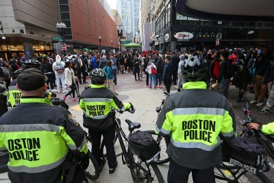 Police lined up on Washington St at Downtown Crossing. Monday,March 7, 2016. Staff Photo by Nancy Lane