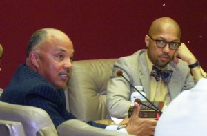 Gary Brown speaks at City Council meeting April 3, 2012, next to Council Pres. Charles Pugh, the day before the Council voted 5-4 to approve a Consent Agreement with the state that led eventually to the state takeover of Detroit and bankruptcy declaration.
