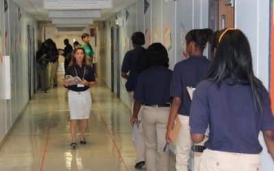 Carver Collegiate students are only supposed to walk inside red lines on the floor, single-file.