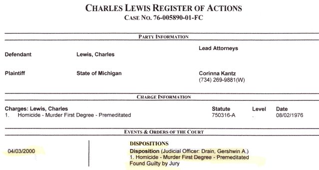 Current register showing Lewis' conviction in 2000.