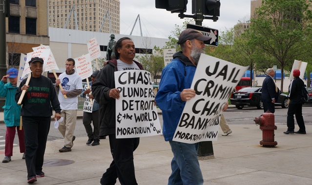 Protesters confront Chase shareholders at annual meeting in Westin Book Cadillac May 19, 2015/Photo: Stephanie Gordon